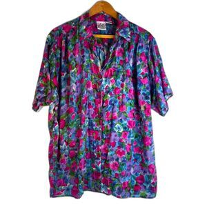 Kathryn‎ Deene Bright Floral Print Button Up 100% Cotton Top Blouse Size 14/16